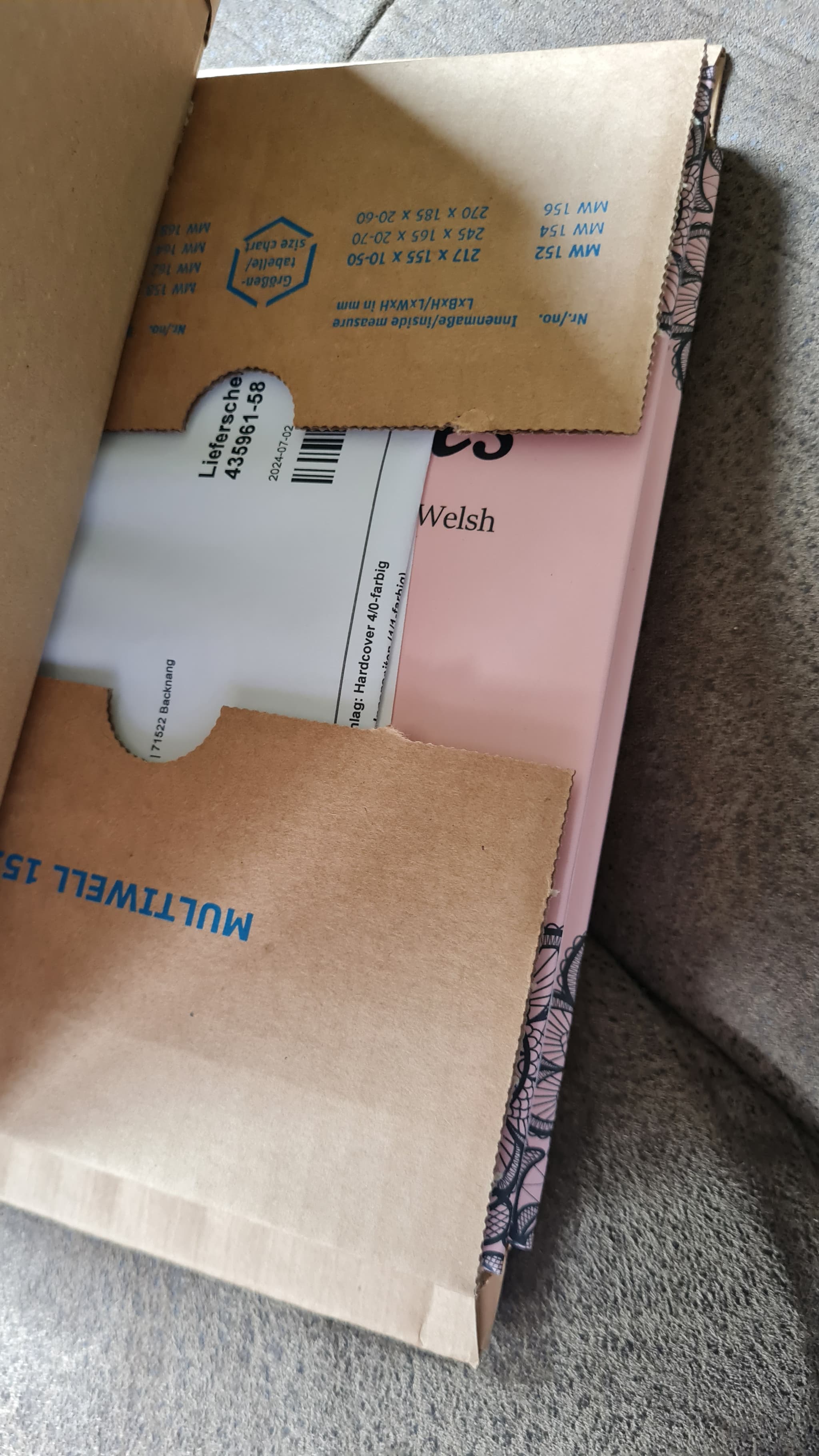 A copy of the book packed in a cardboard shipping box